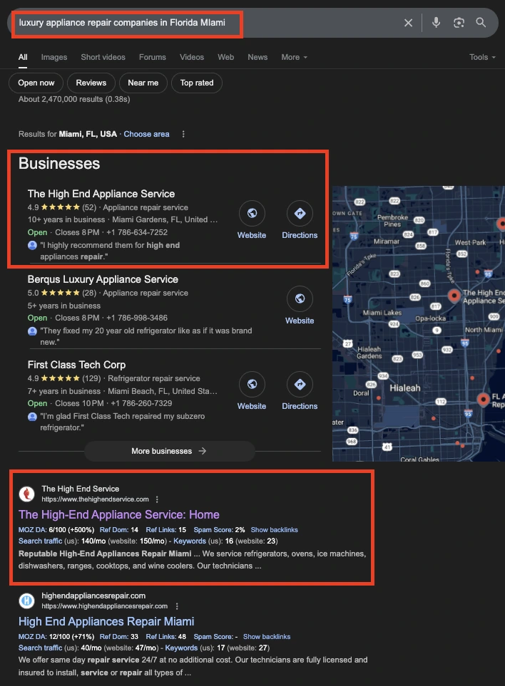 Google SEO rankings for the Highend Appliance Repair website
